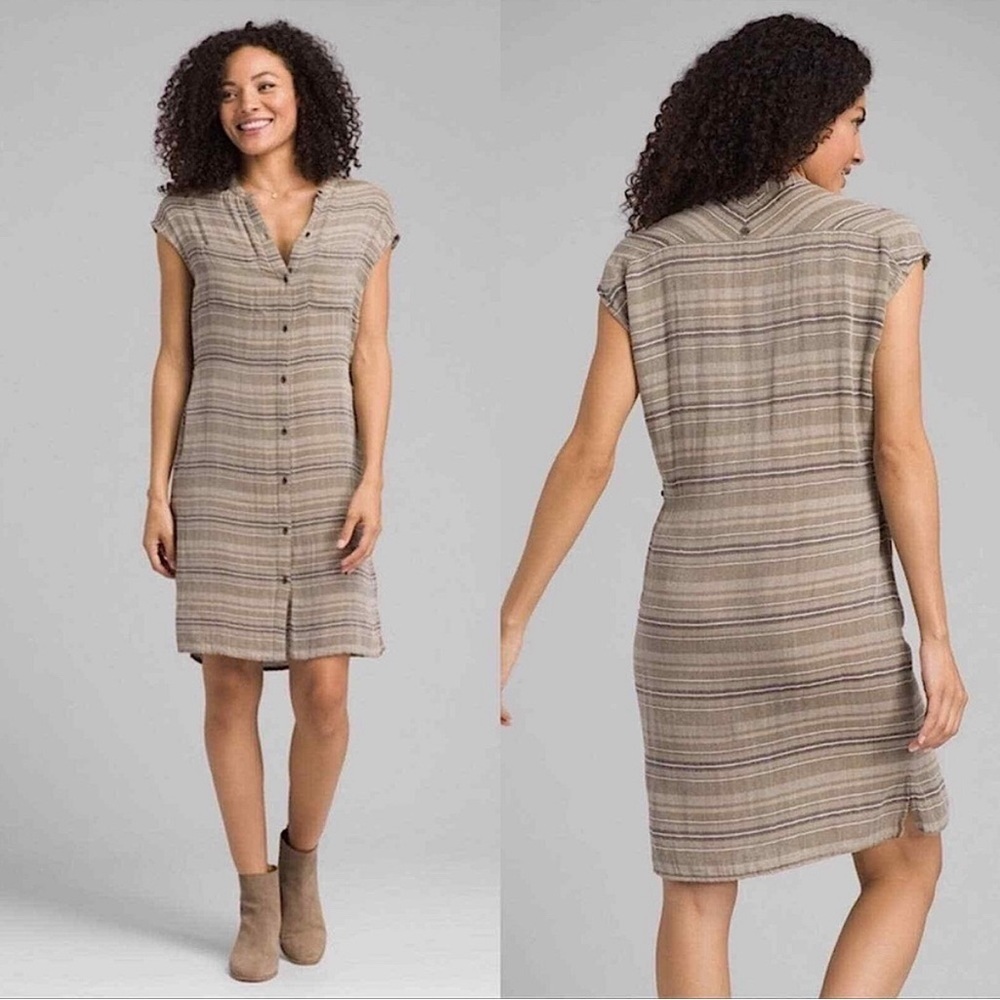 Prana Buenos Dias Shirt Dress Size Medium Khaki Green Organic Cotton/Modal